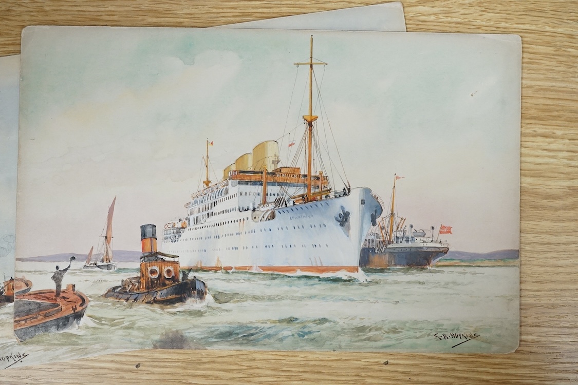 Charles R. Hopkins, set of four original watercolours for postcard designs, maritime ocean liners, to include Orient Liner on the Lower Thames, RMS Mooltan, P&O Line and RMS Asturias Royal Mail Liner, each signed, 17 x 2